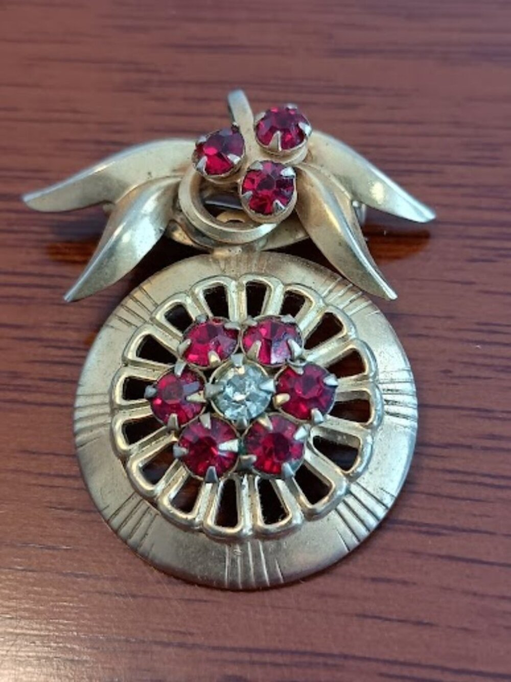 Vintage Gold-Tone Brooch with Red Rhinestones